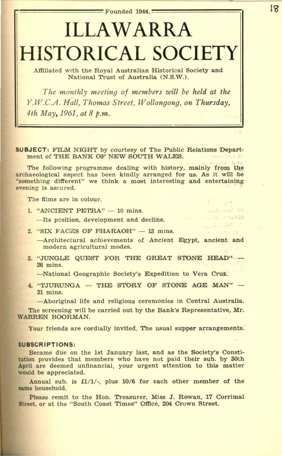 Illawarra Historical Society Bulletin April 1961