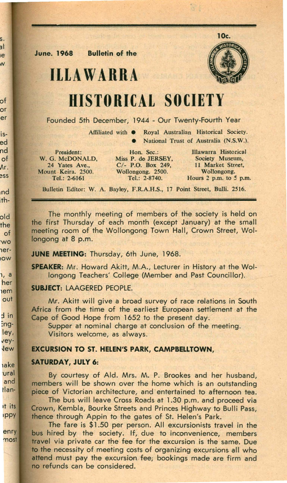 Illawarra Historical Society Bulletin June 1968