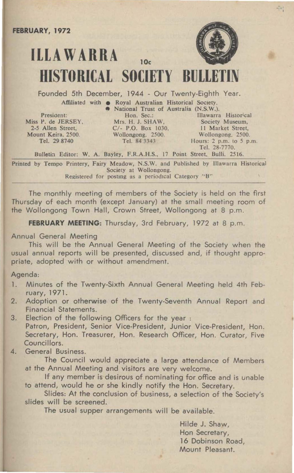 Illawarra Historical Society Bulletin February 1972