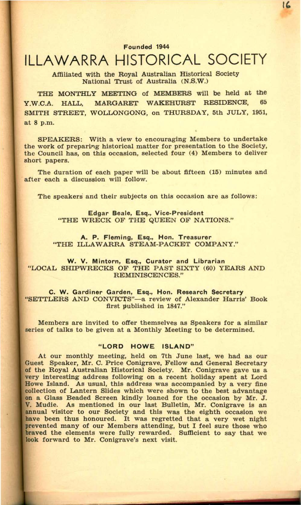 Illawarra Historical Society Bulletin June 1951