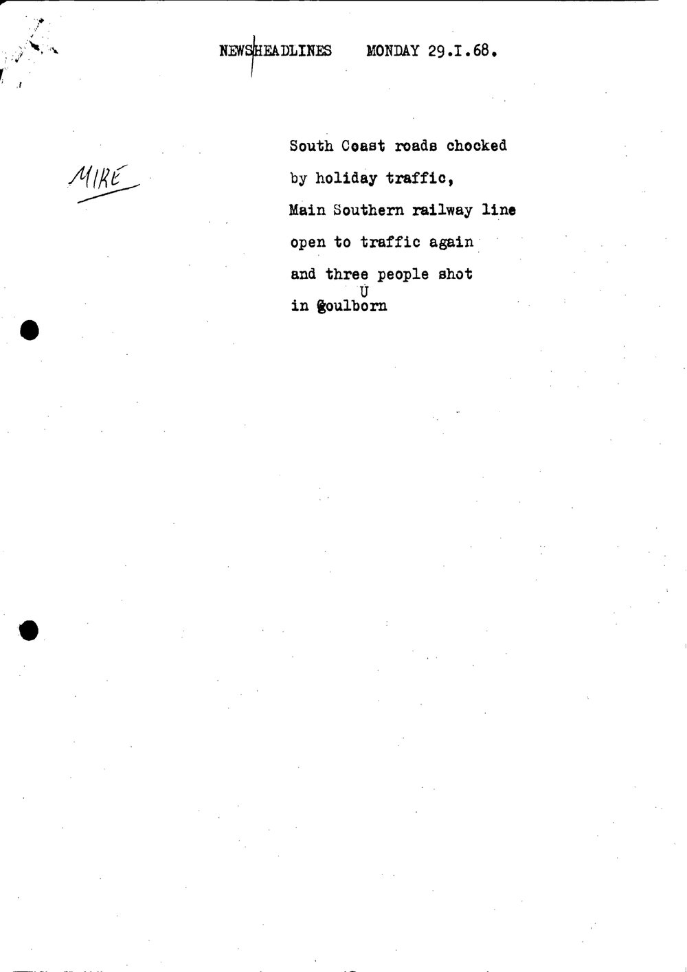 WIN News Anchor Script 29 January 1968