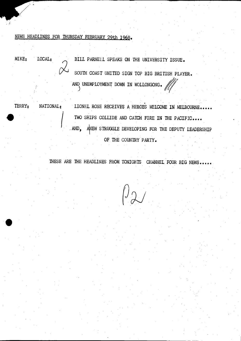 WIN News Anchor Script 29 February 1968