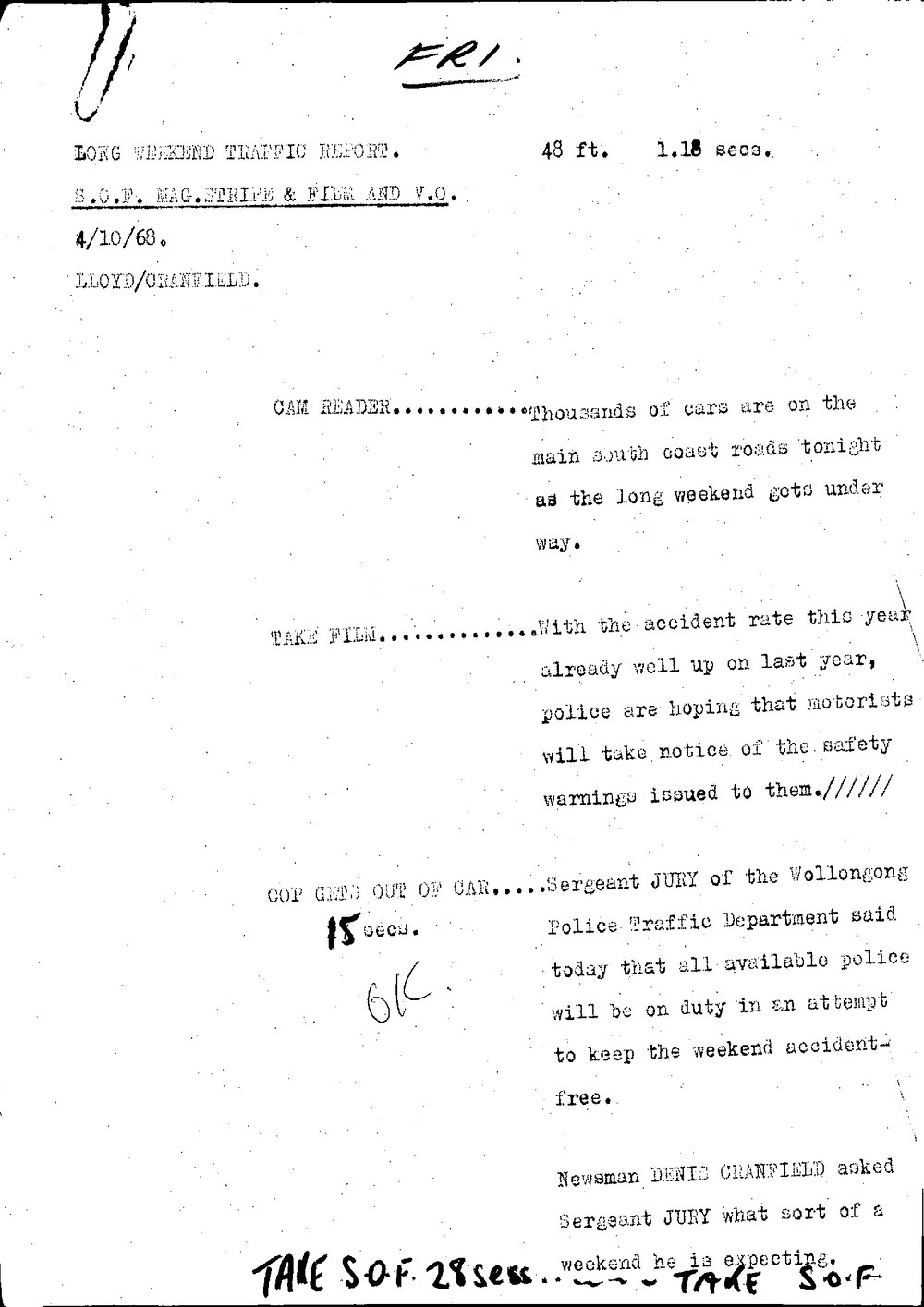 WIN News Anchor Script 04 October 1968