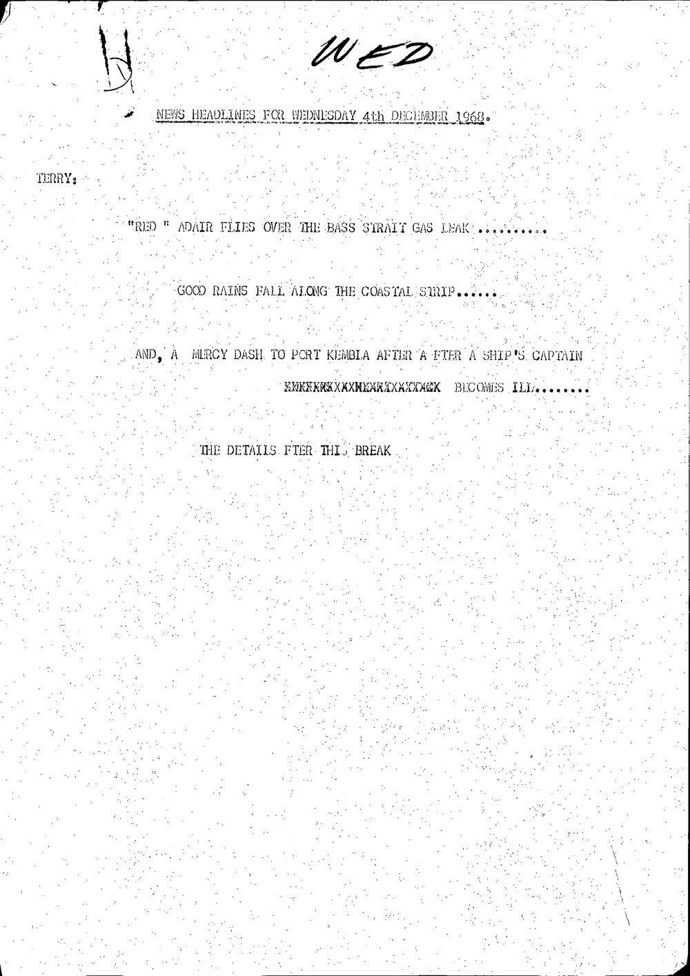 WIN News Anchor Script 04 December 1968