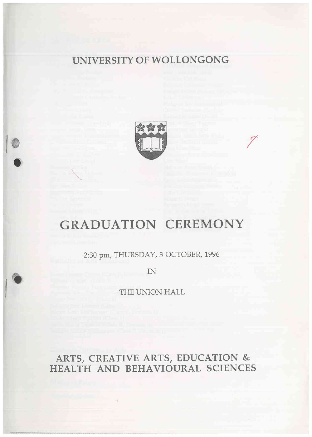 University of Wollongong Graduation Booklet - Arts, Creative Arts, Education and Health and Behavioural Sciences 3 October 1996