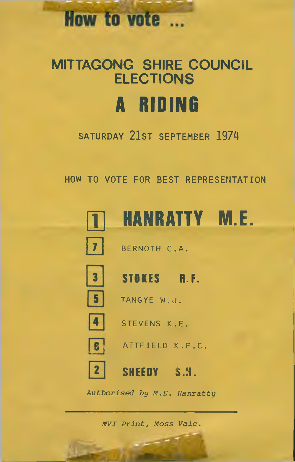 Mittagong Shire Council elections, how to vote leaflet, A Riding