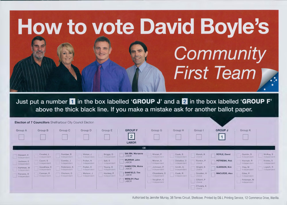 Shellharbour Council elections, Independent Community First how to vote leaflet, Group J