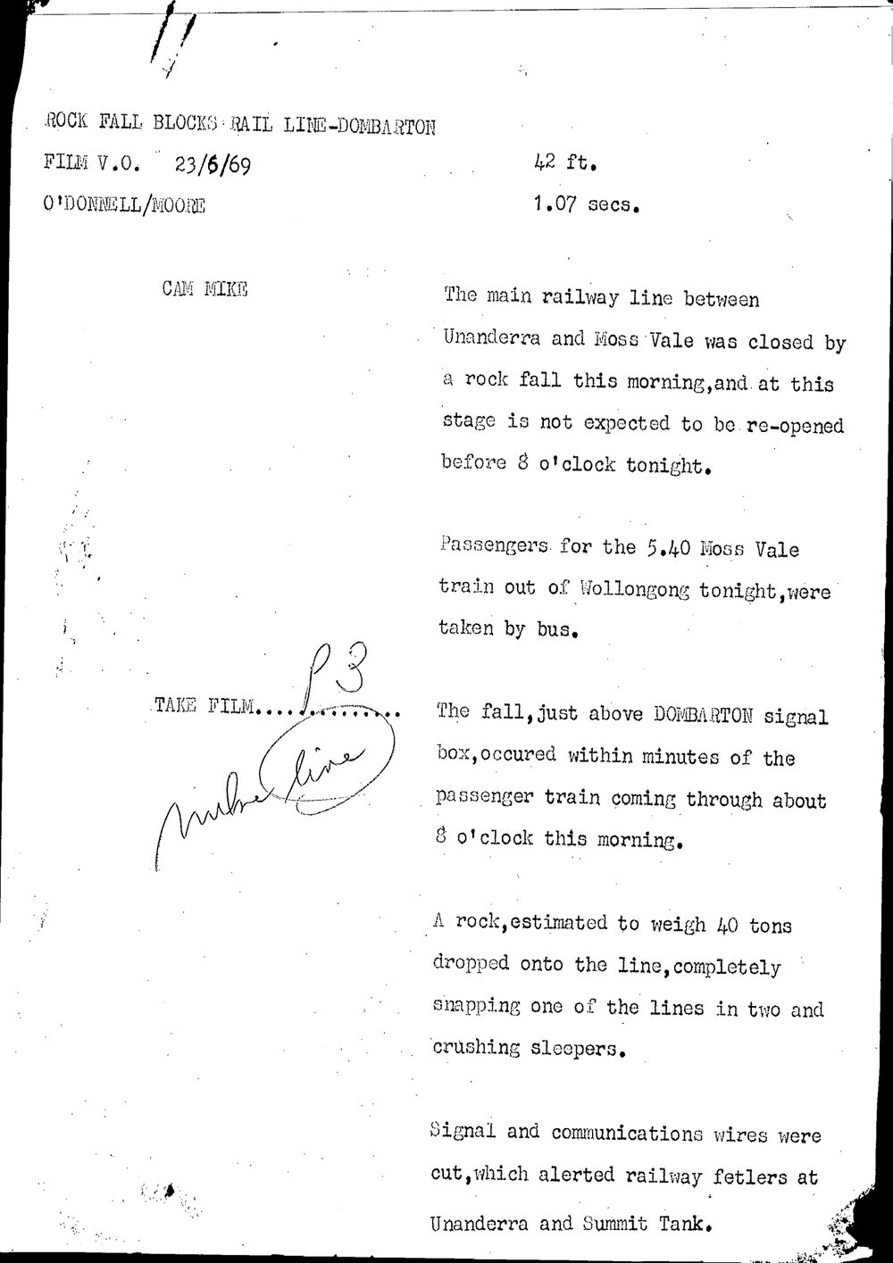 WIN News Anchor Script 23 June 1969