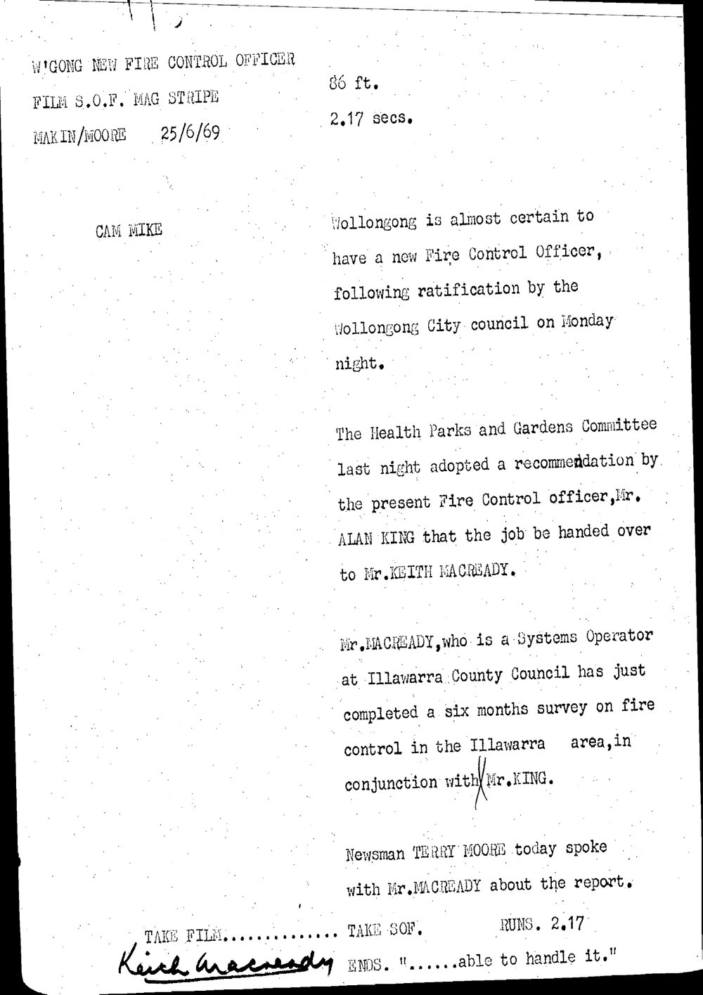 WIN News Anchor Script 25 June 1969