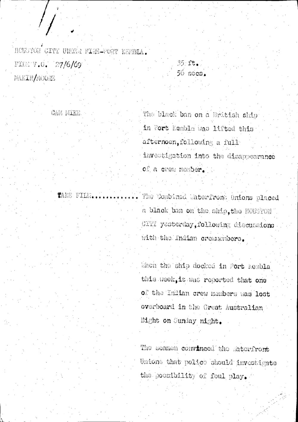 WIN News Anchor Script 27 June 1969