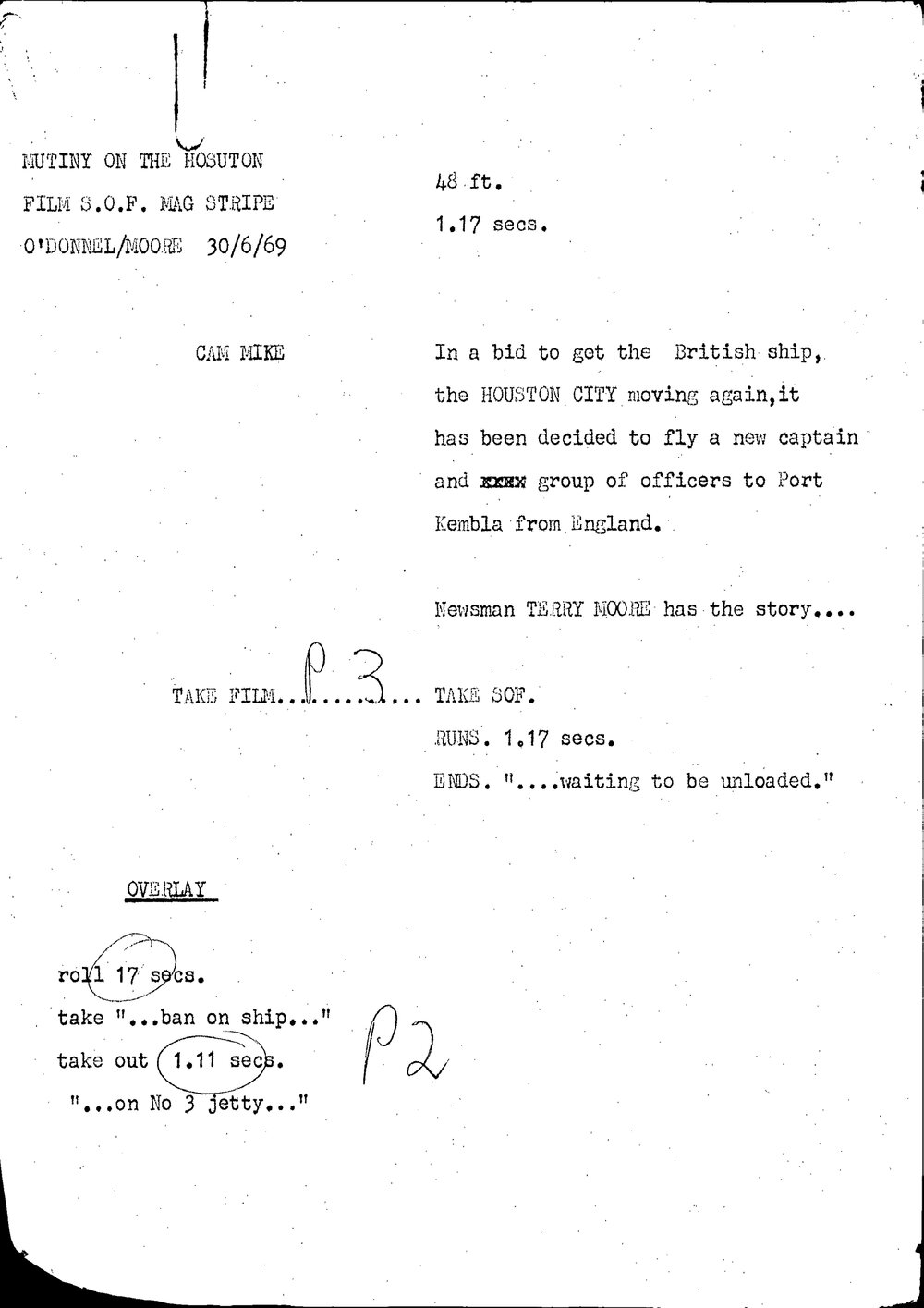 WIN News Anchor Script 30 June 1969