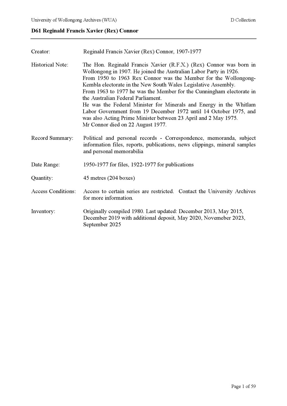 Reginald Francis Xavier (Rex) Connor collection guide