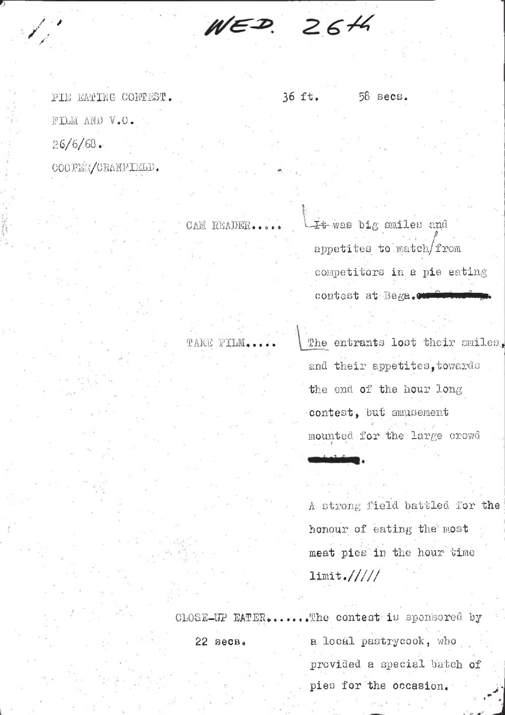 WIN News Anchor Script 26 June 1968