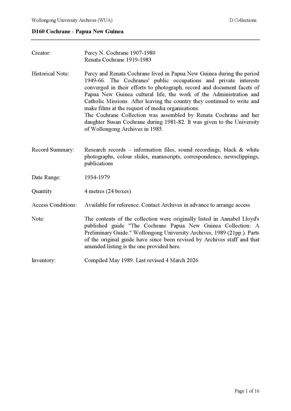 Percy and Renata Cochrane collection guide