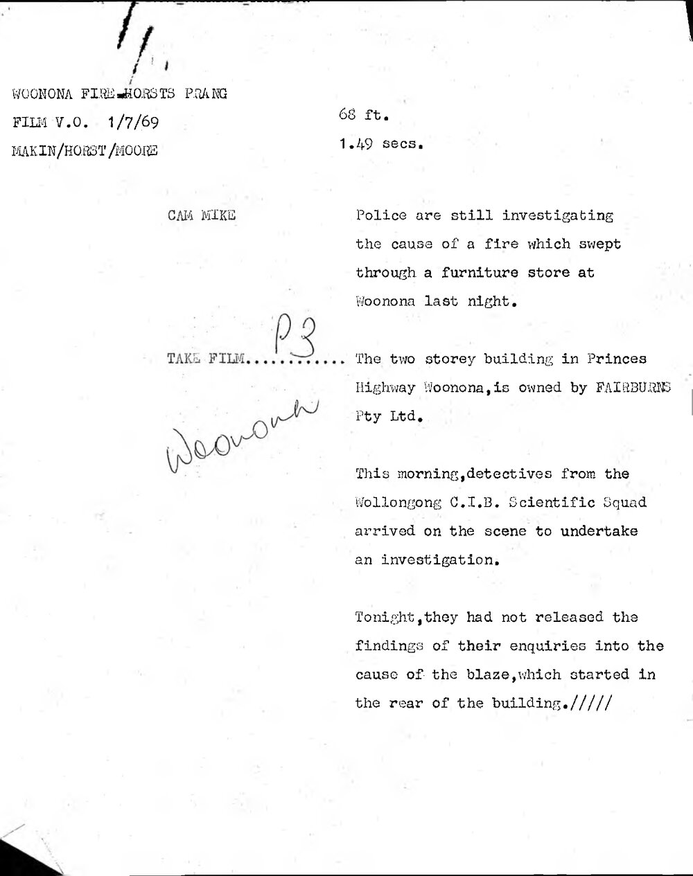 WIN News Anchor Script 01 July 1969