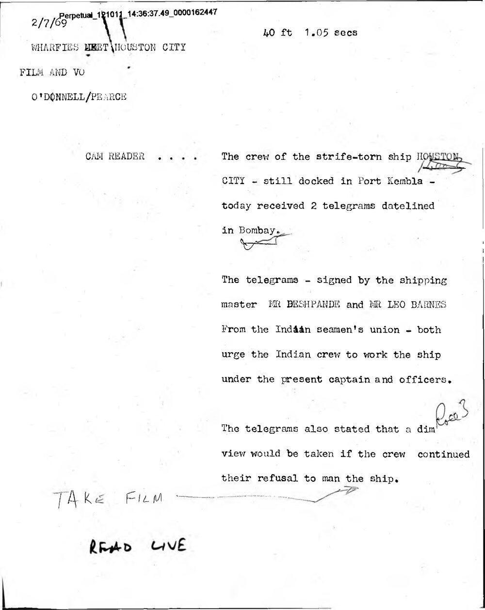 WIN News Anchor Script 02 July 1969