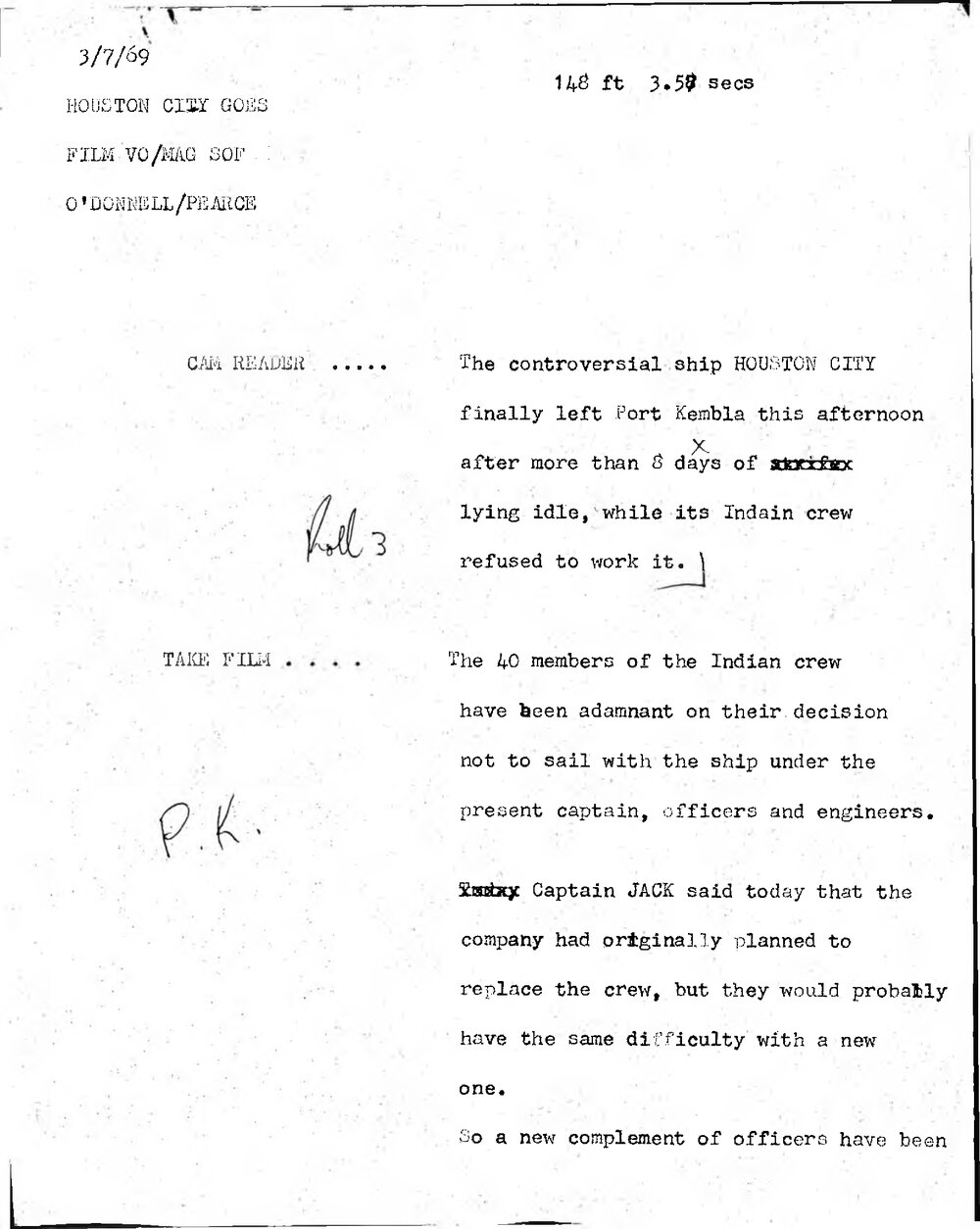 WIN News Anchor Script 03 July 1969