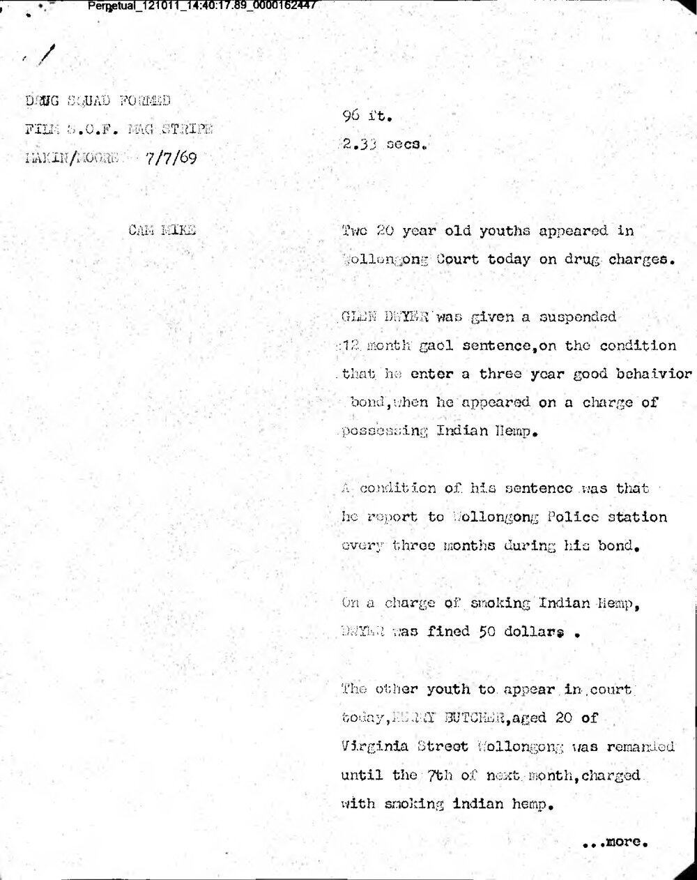 WIN News Anchor Script 07 July 1969