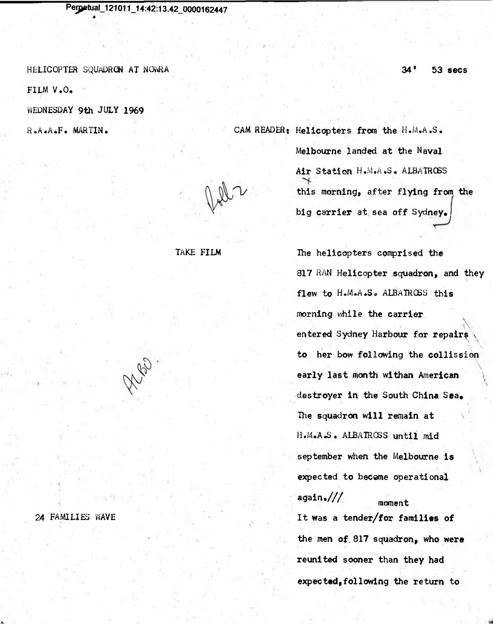 WIN News Anchor Script 09 July 1969