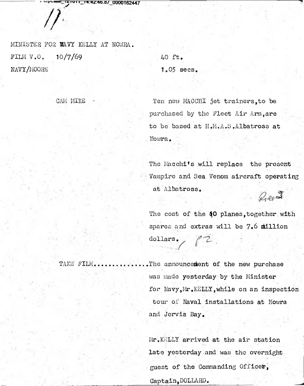 WIN News Anchor Script 10 July 1969