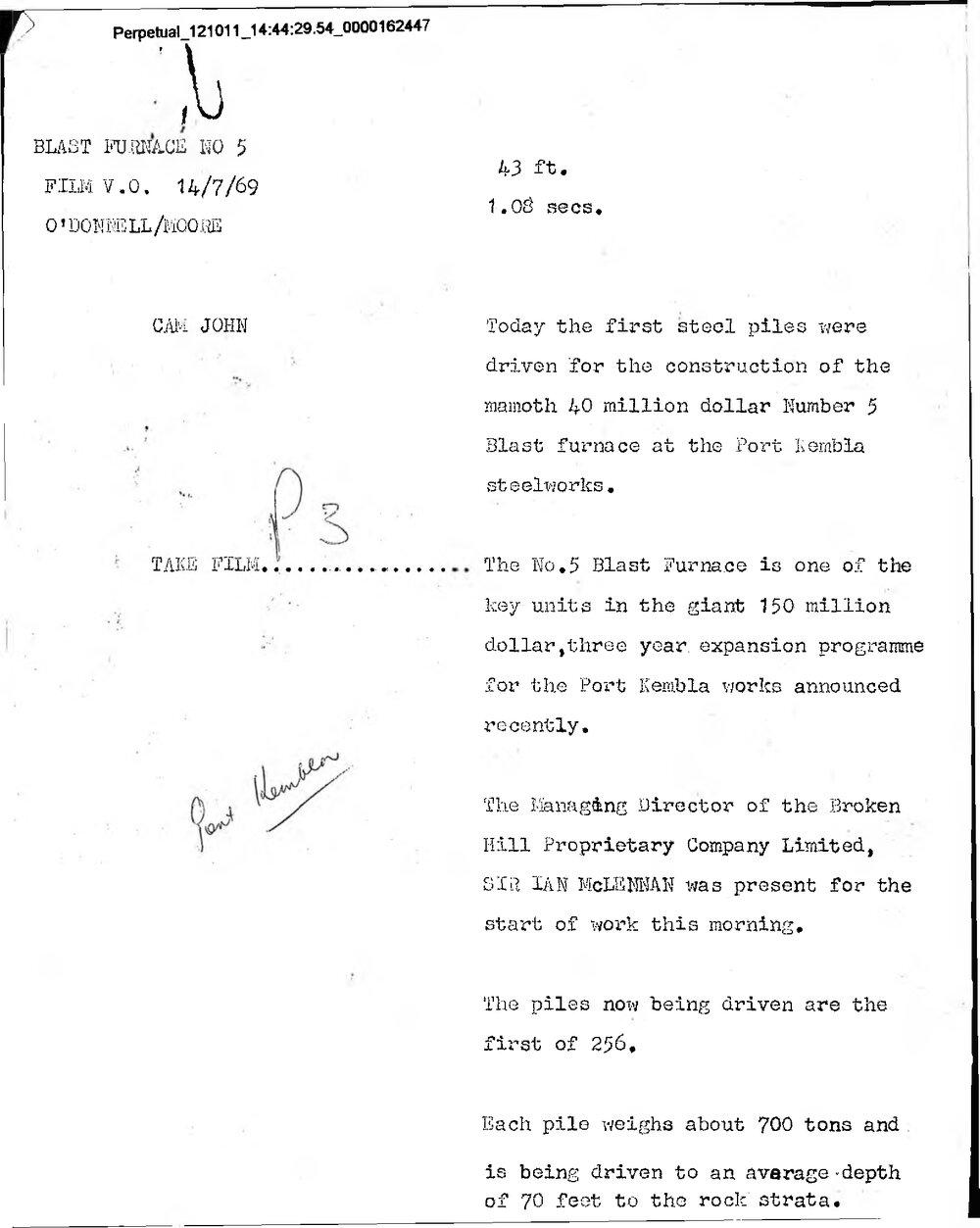 WIN News Anchor Script 14 July 1969