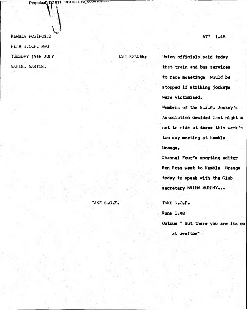 WIN News Anchor Script 15 July 1969