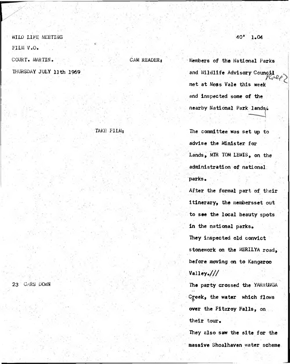 WIN News Anchor Script 11 July 1969