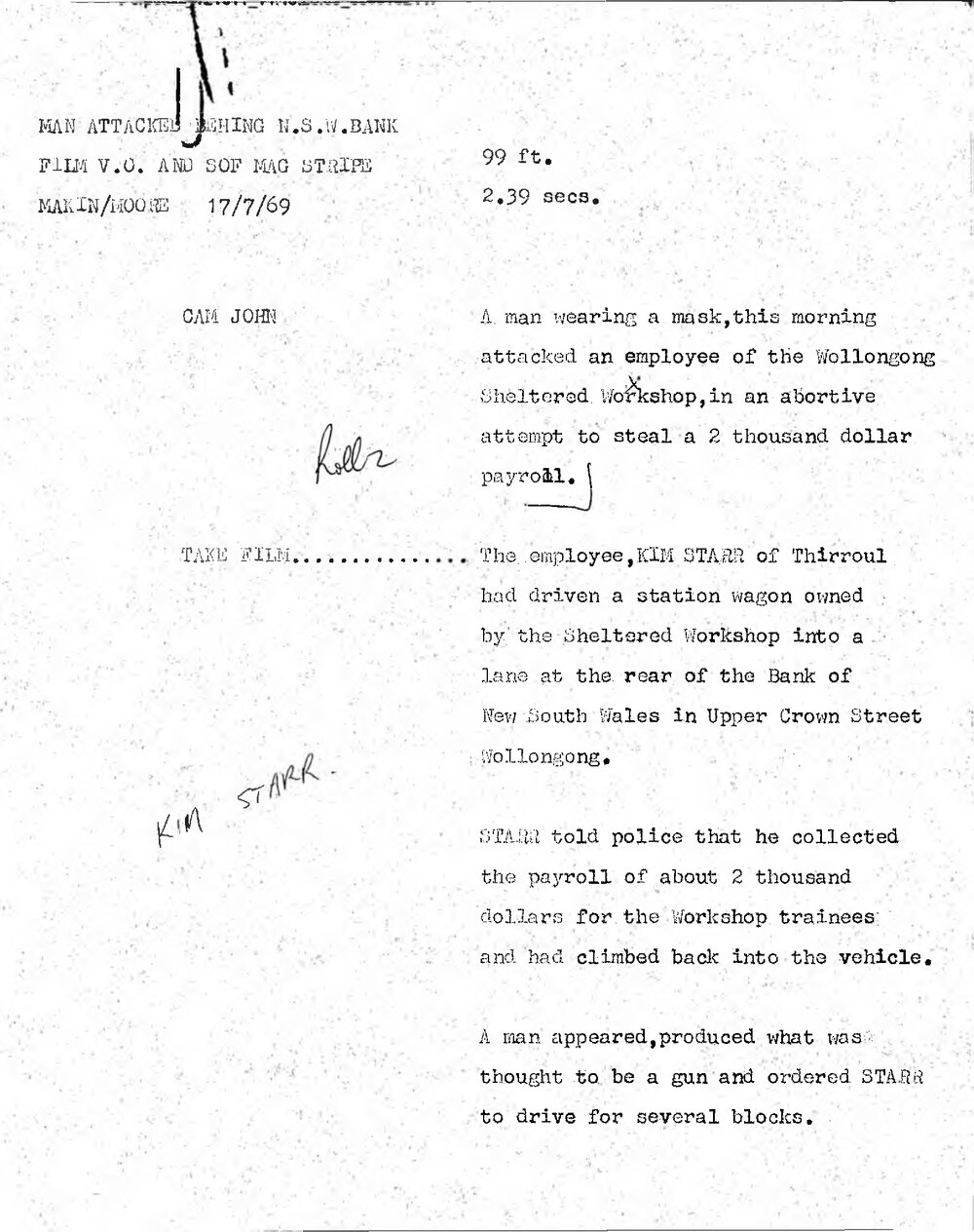 WIN News Anchor Script 17 July 1969