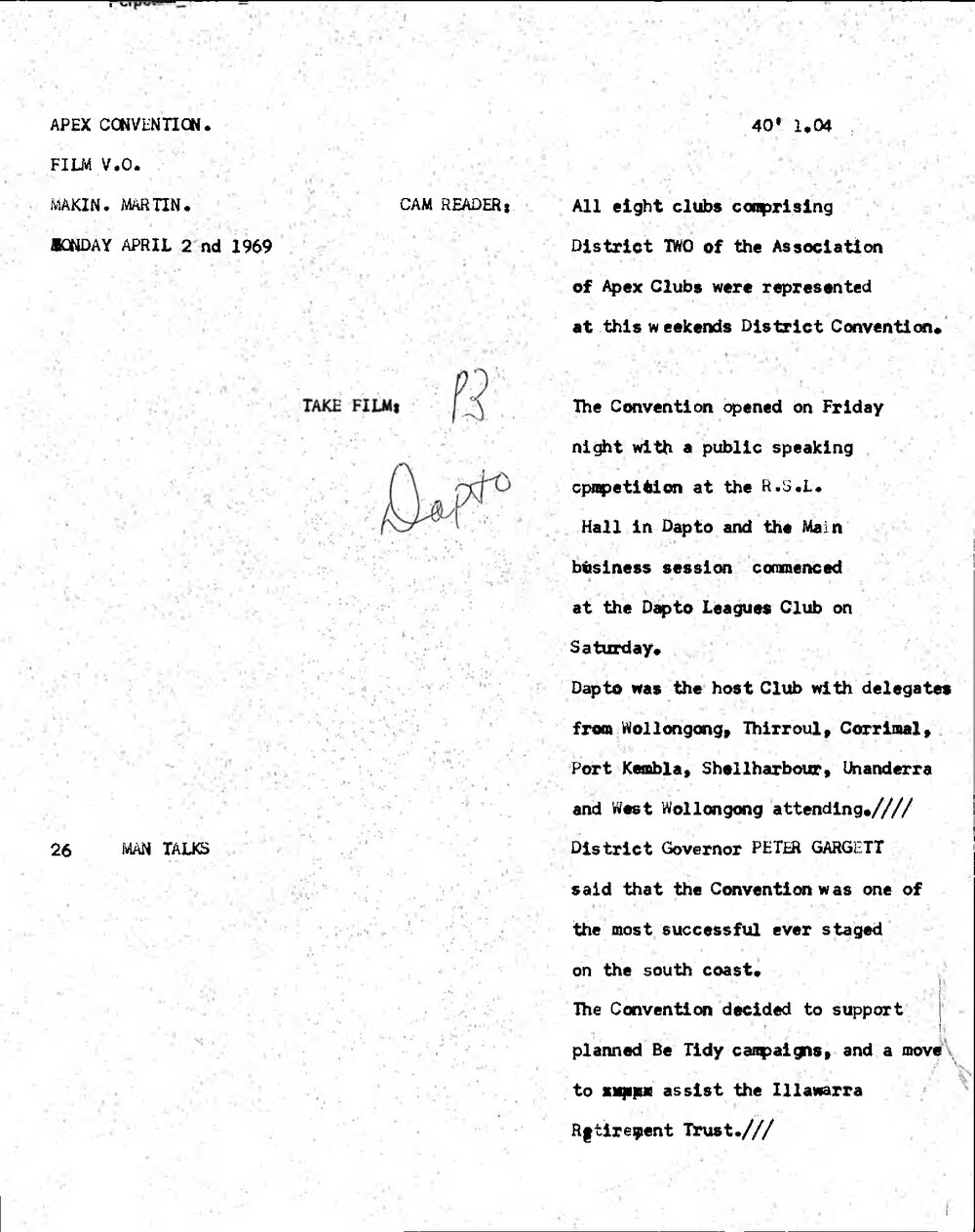 WIN News Anchor Script 22 July 1969