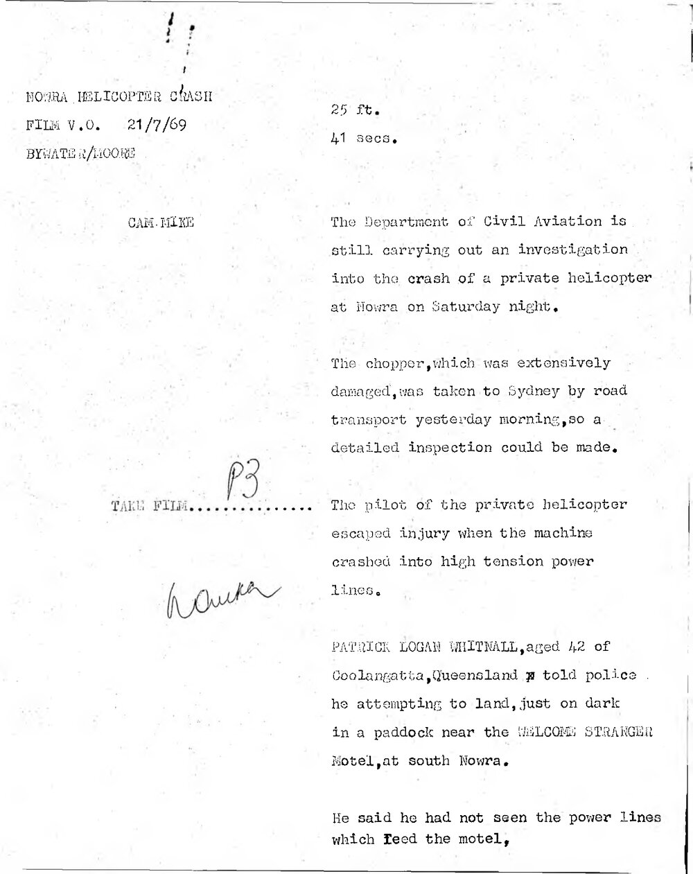 WIN News Anchor Script 21 July 1969