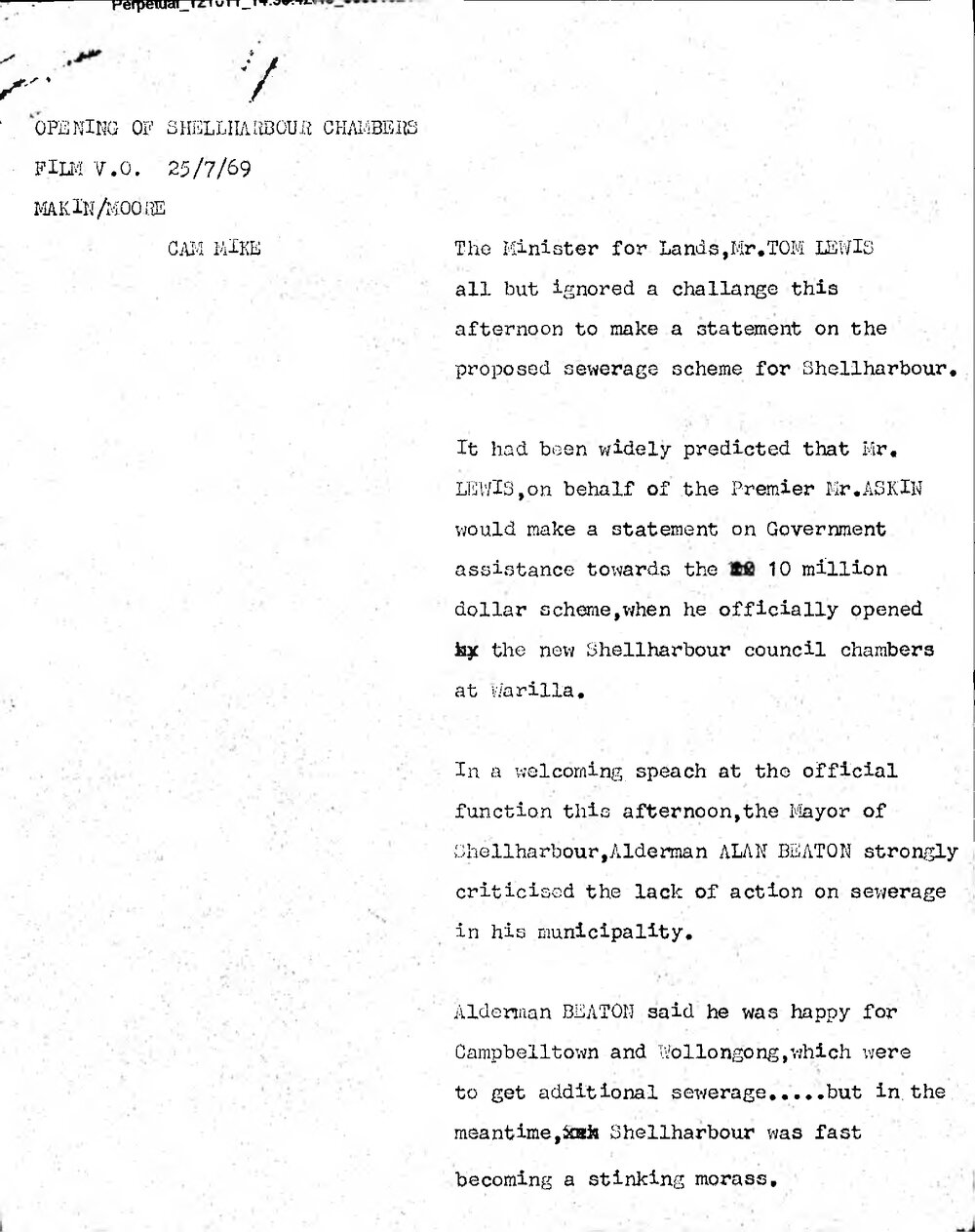 WIN News Anchor Script 25 July 1969