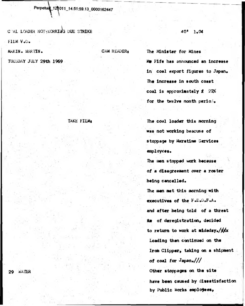 WIN News Anchor Script 29 July 1969