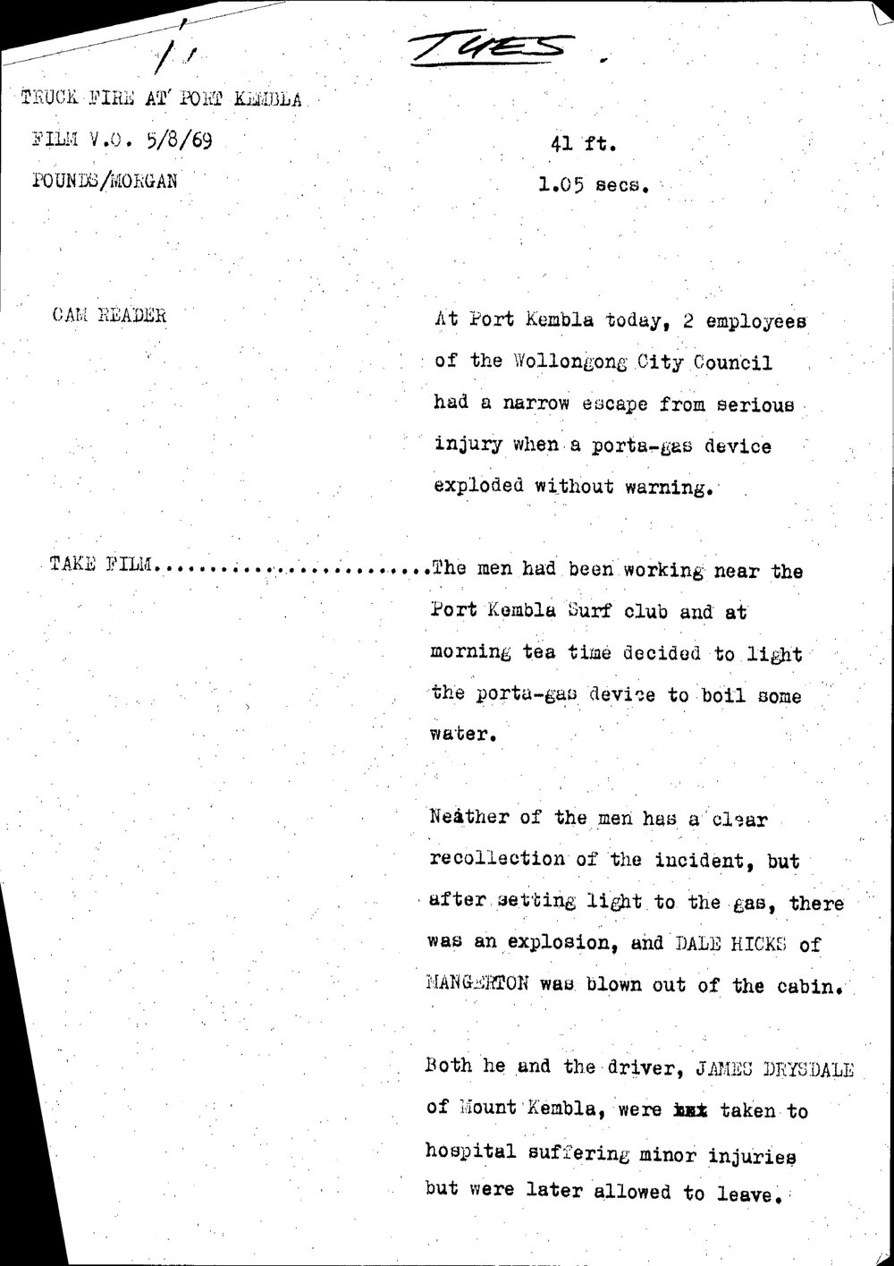 WIN News Anchor Script 05 August 1969