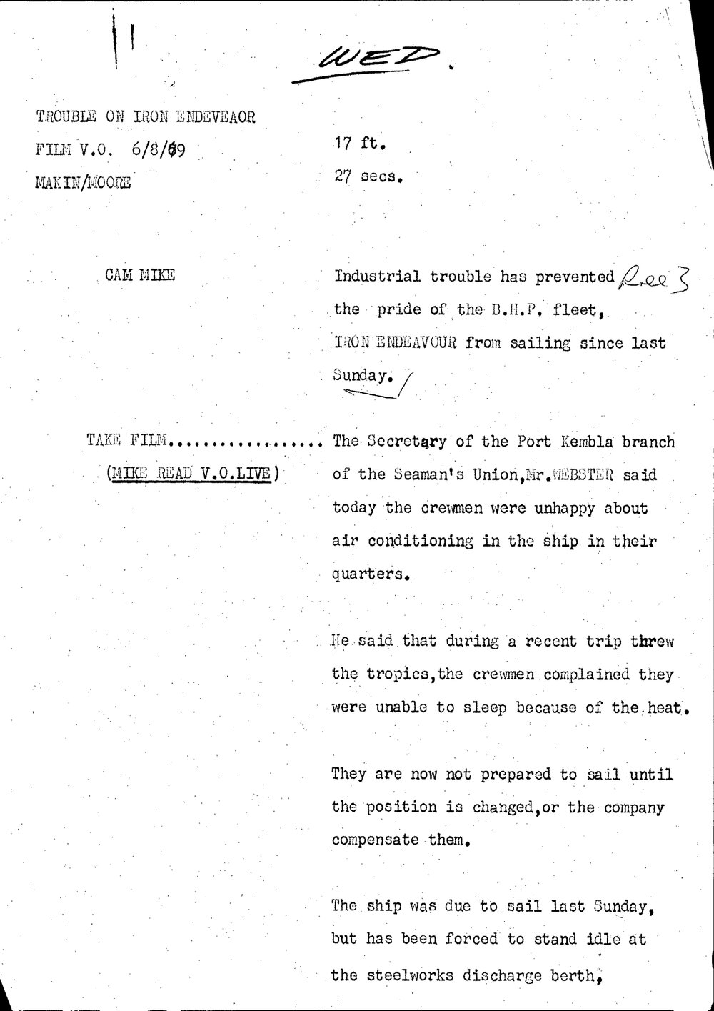 WIN News Anchor Script 06 August 1969