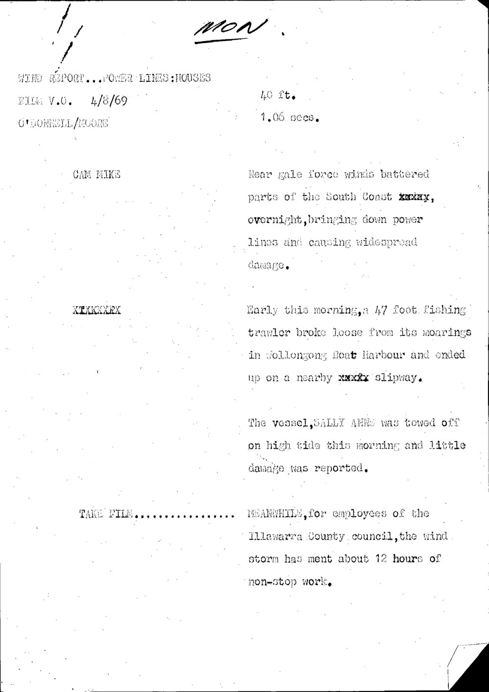 WIN News Anchor Script 04 August 1969