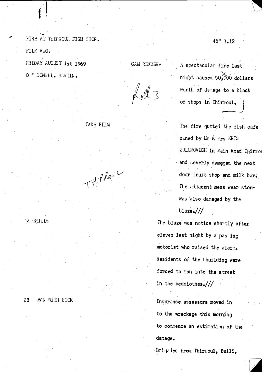 WIN News Anchor Script 01 August 1969
