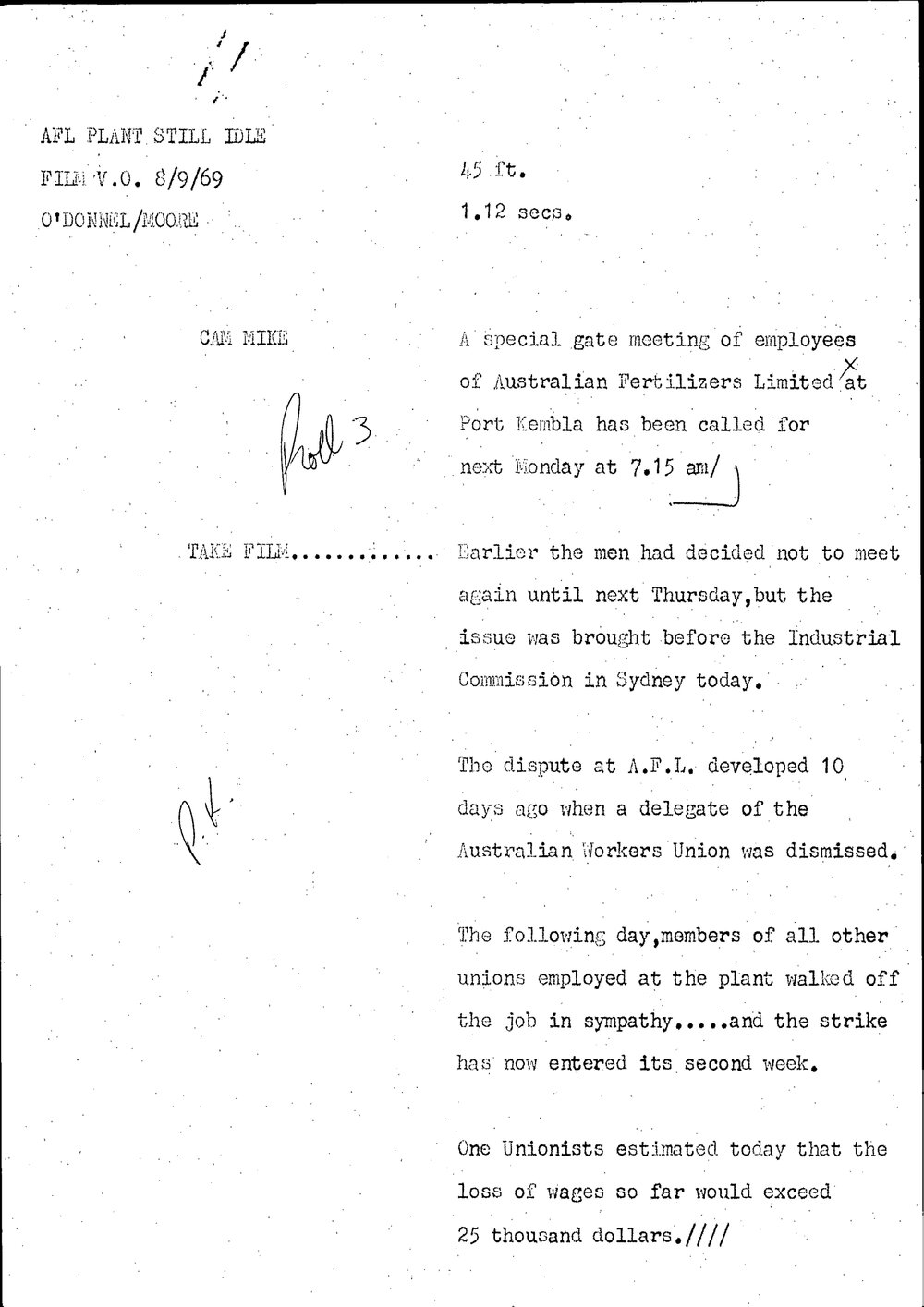 WIN News Anchor Script 08 August 1969