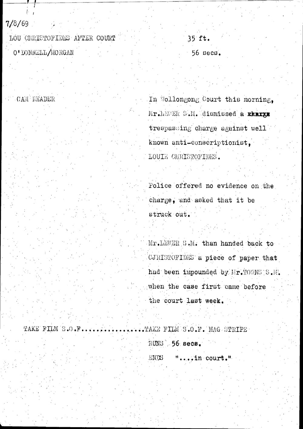 WIN News Anchor Script 07 August 1969