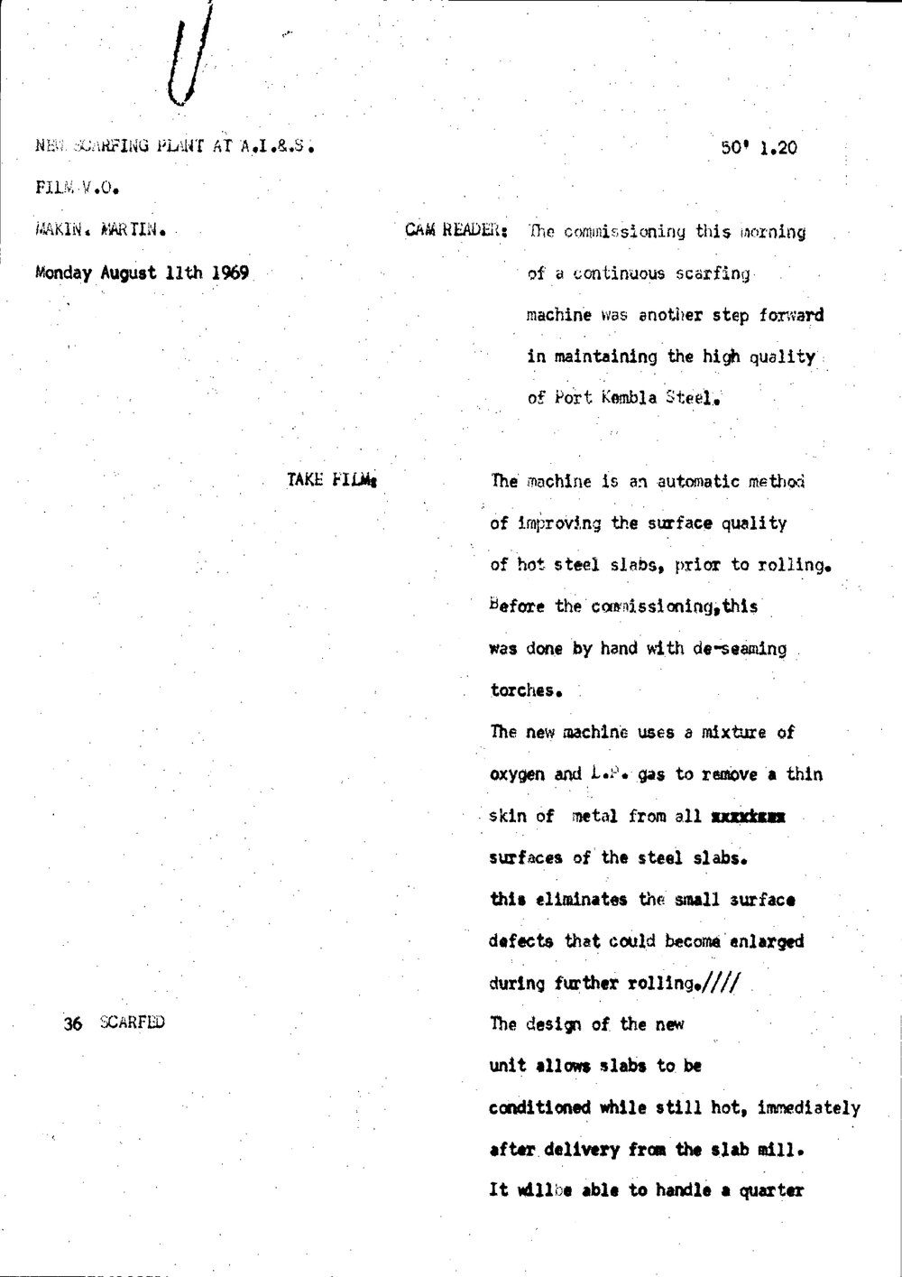 WIN News Anchor Script 11 August 1969