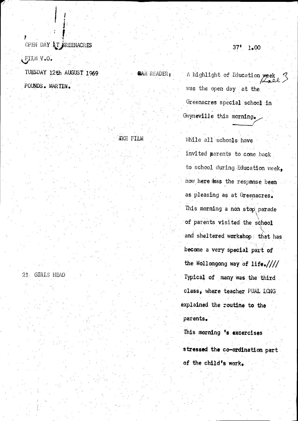 WIN News Anchor Script 12 August 1969