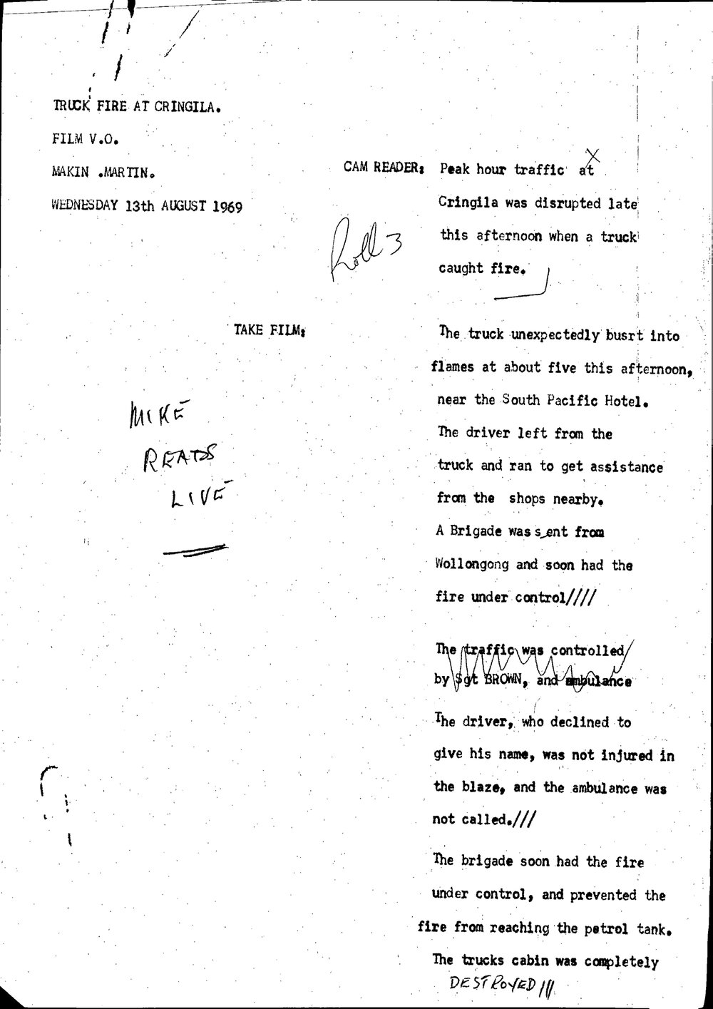WIN News Anchor Script 13 August 1969