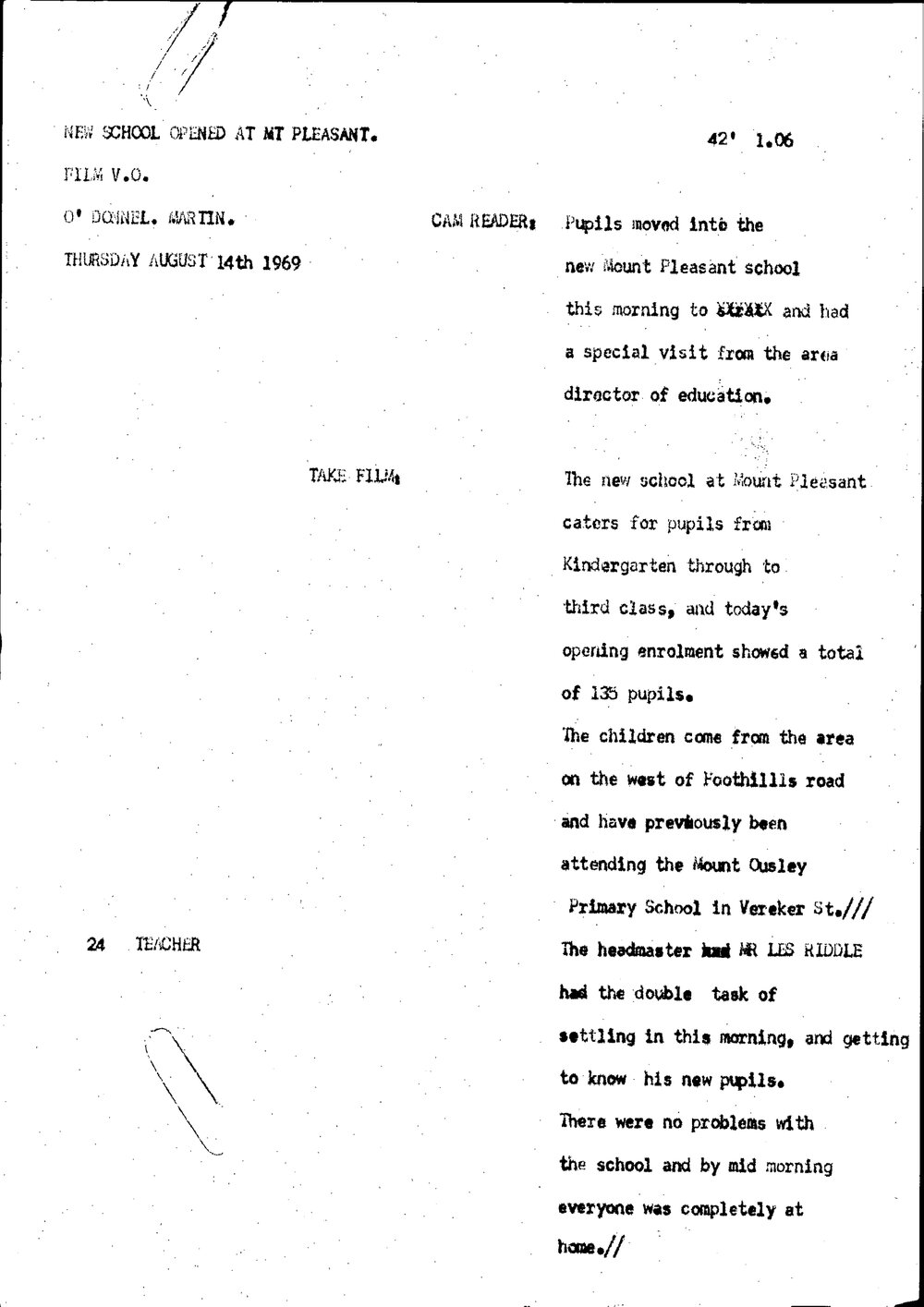 WIN News Anchor Script 14 August 1969