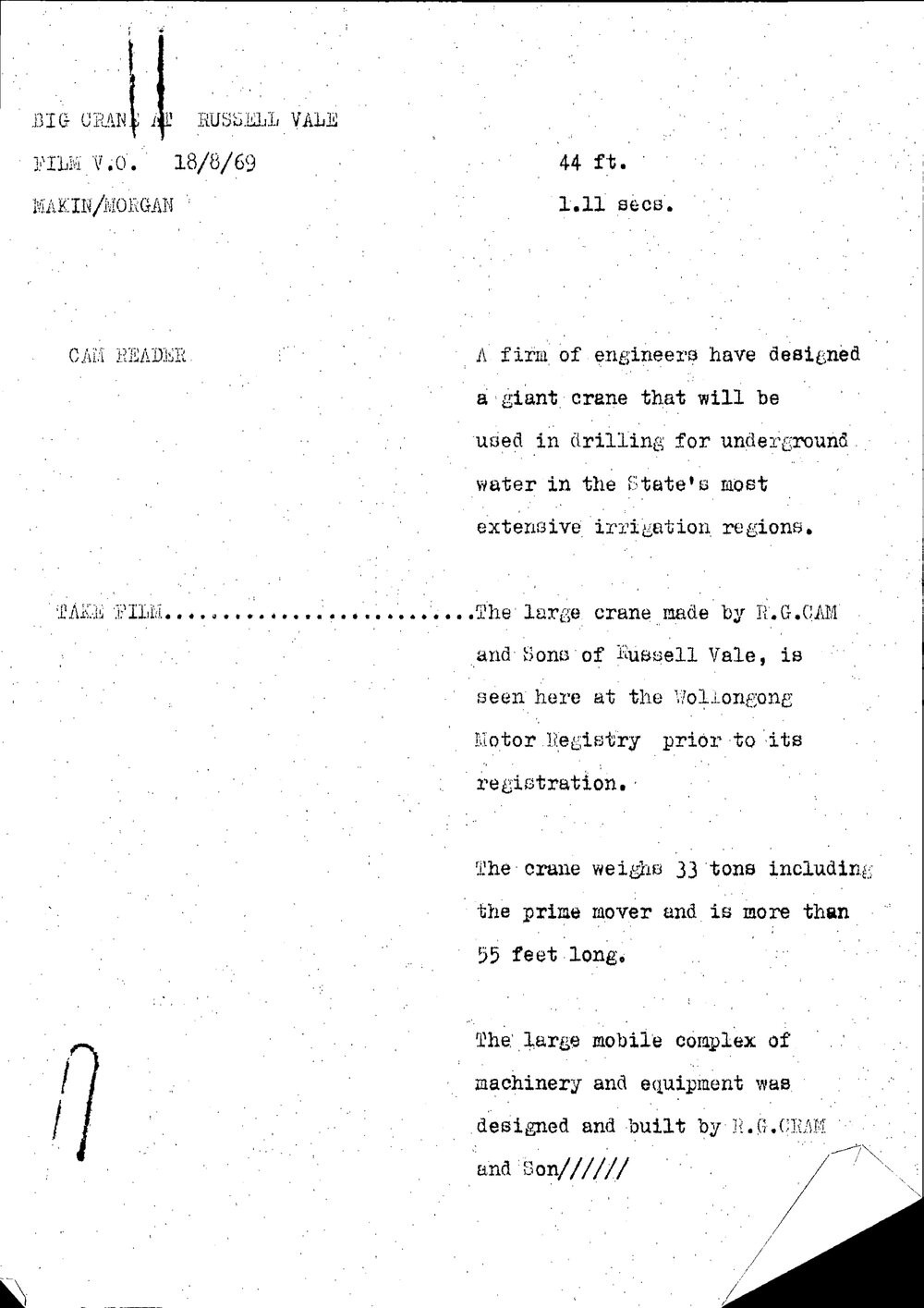 WIN News Anchor Script 18 August 1969