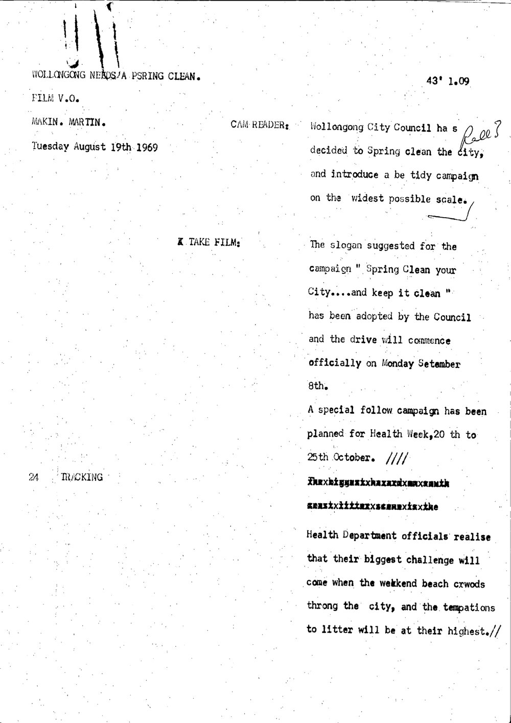 WIN News Anchor Script 19 August 1969