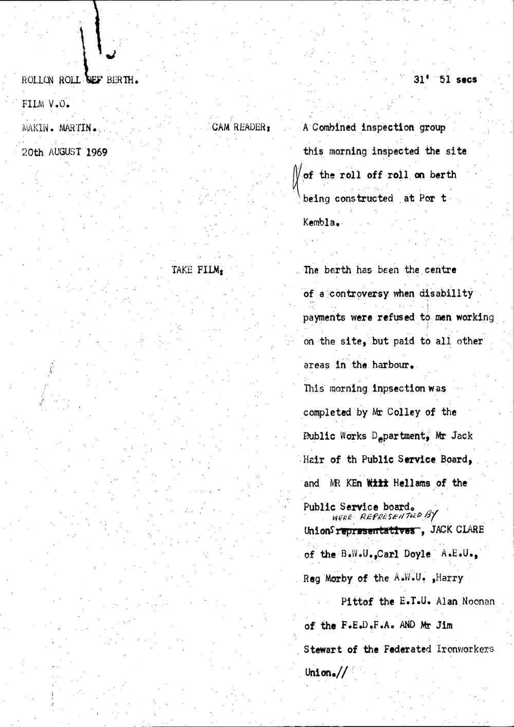 WIN News Anchor Script 20 August 1969