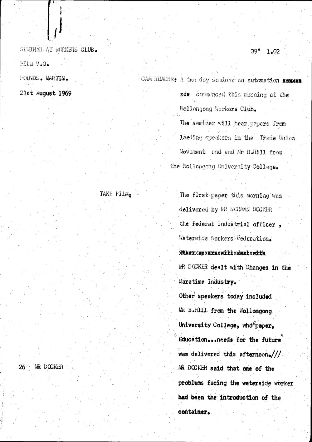 WIN News Anchor Script 21 August 1969