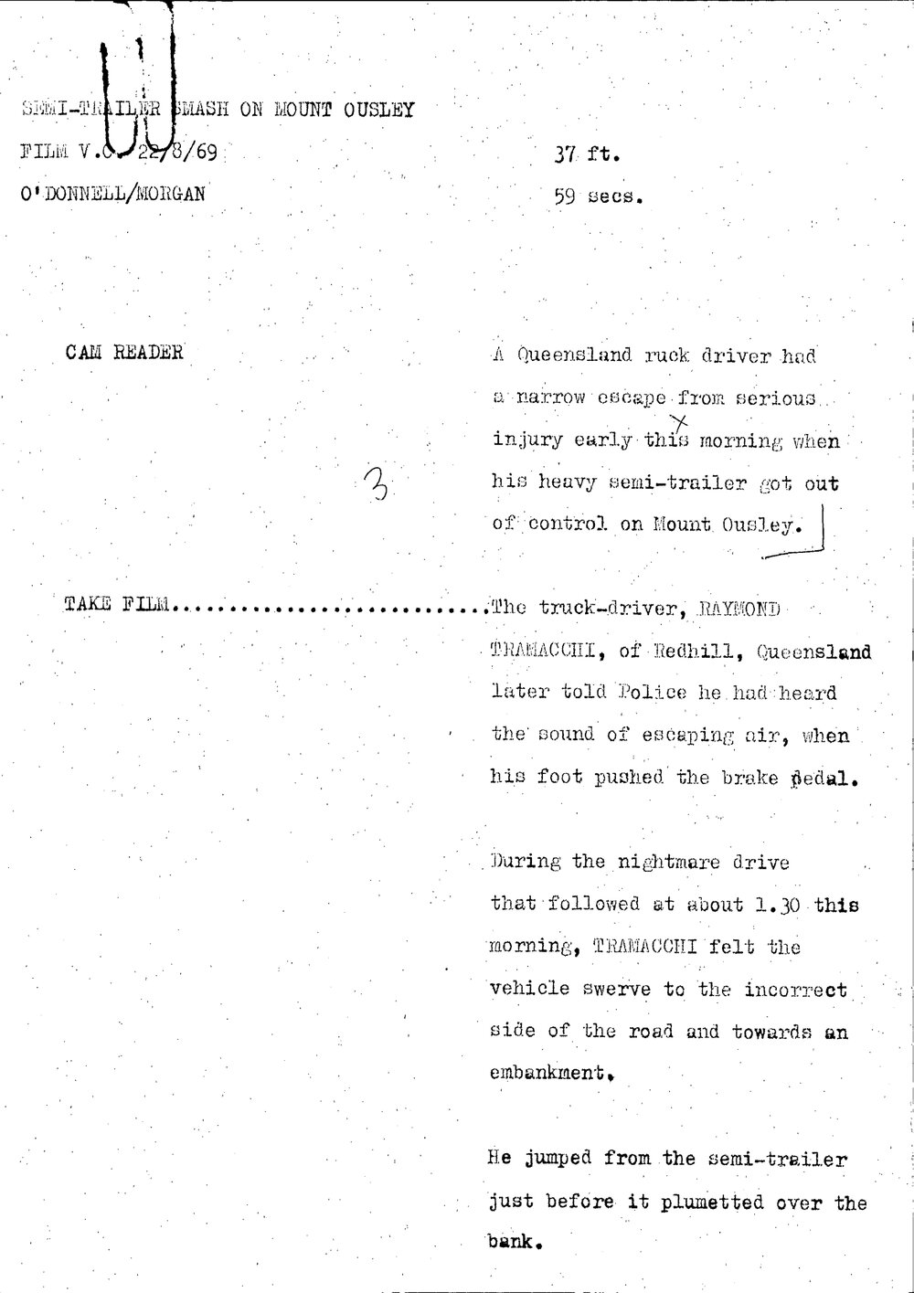 WIN News Anchor Script 22 August 1969