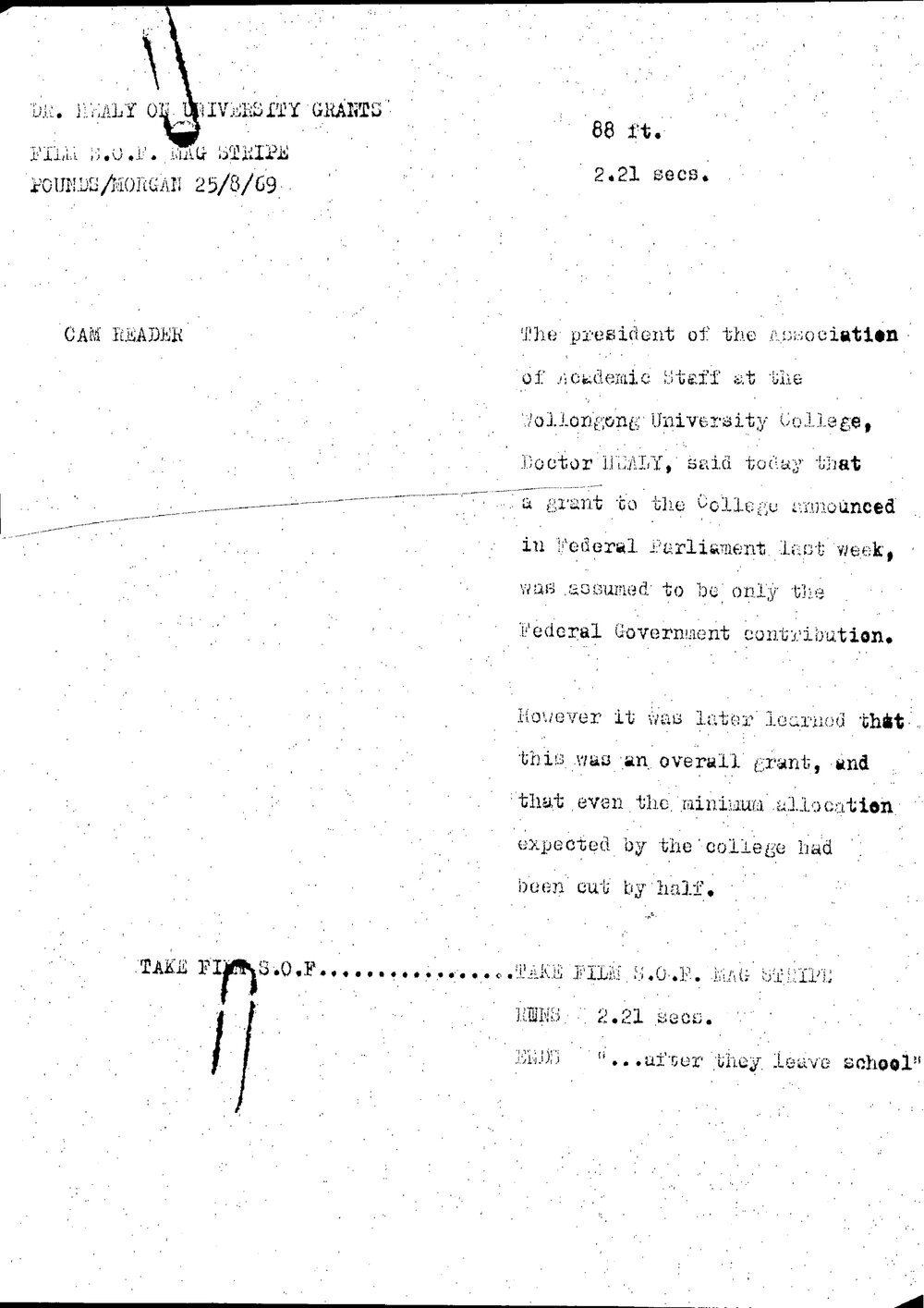 WIN News Anchor Script 25 August 1969
