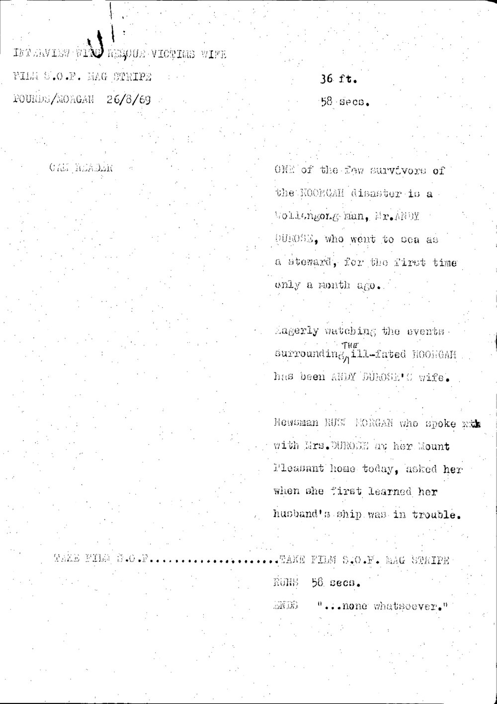 WIN News Anchor Script 26 August 1969