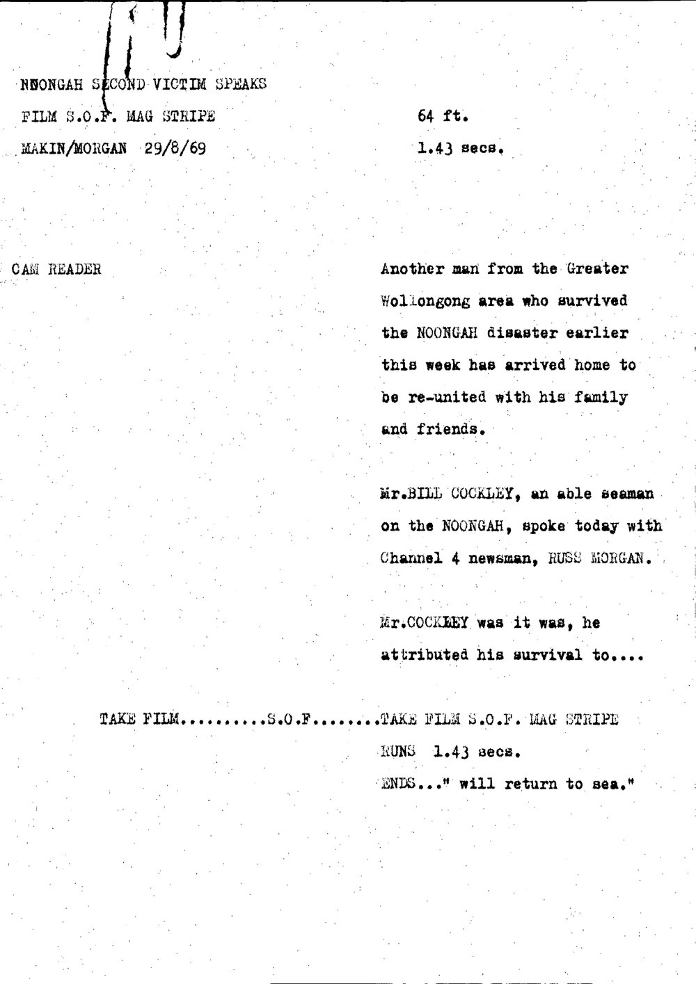 WIN News Anchor Script 29 August 1969